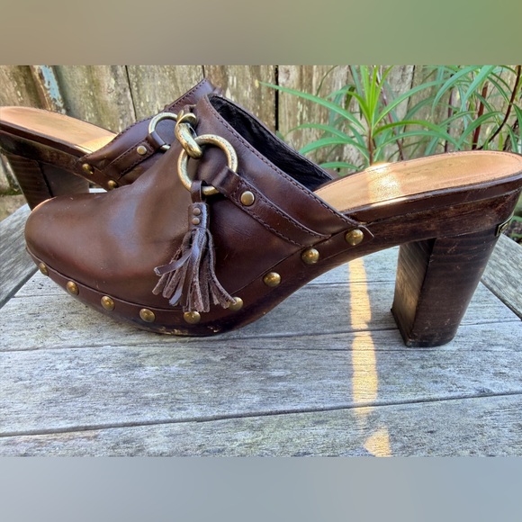 Coach Brown Leather Platform Mules with brass studs and accents. - Picture 6 of 15